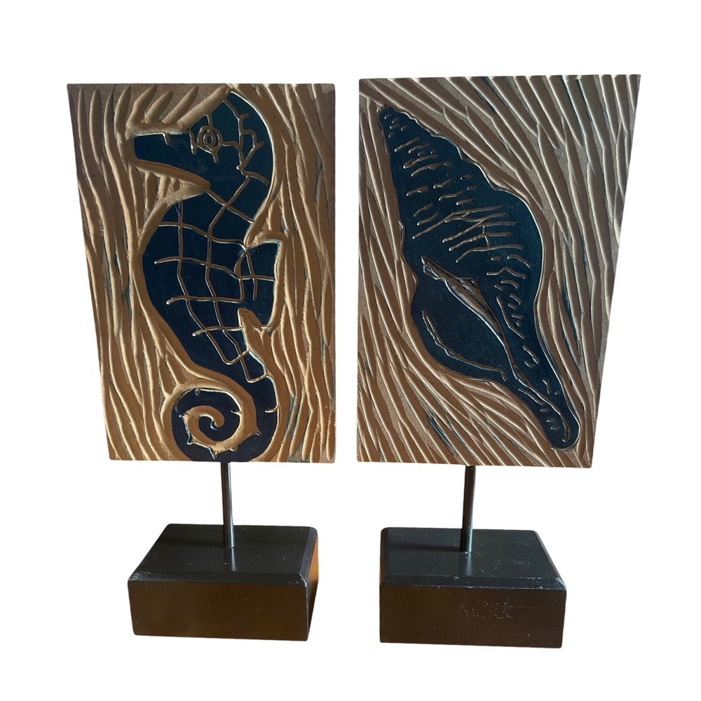 Coastal Seahorse and Shell Carved Tabletop Decor Set of 2 Nautical Sculptures